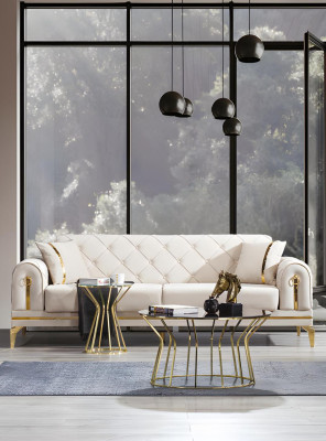 Chesterfield Sofa ze stali nierdzewnej. Biała, trzyosobowa sofa do salonu. Luksusowe meble.