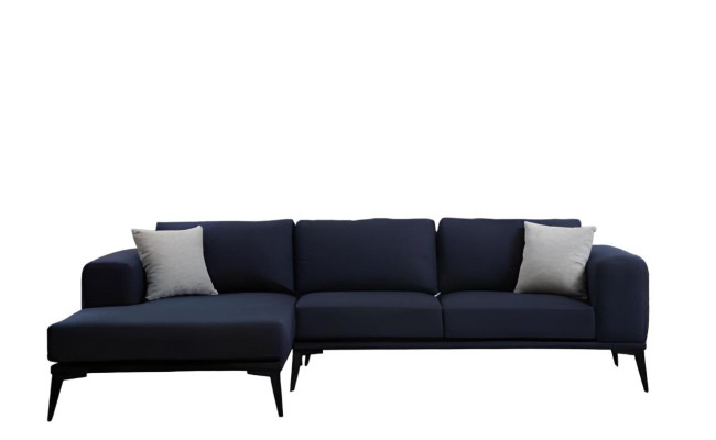 Sofa narożne w kształcie litery L, kolor ciemnoniebieski, jednokolorowy materiał tekstylny z poduszkami, do salonu.
