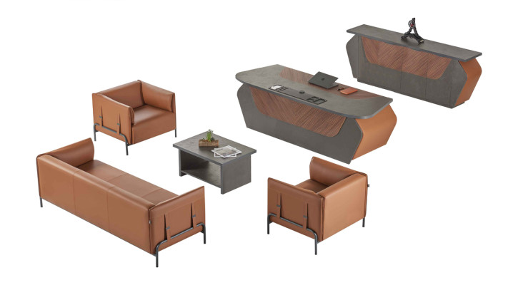 Brązowo-szare meble do biura, 3-osobowa sofa, biurko, kredens, 6 elementów.