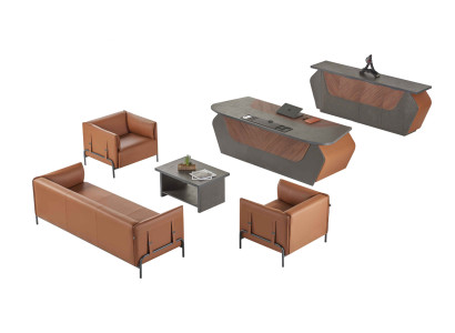 Brązowo-szare meble do biura, 3-osobowa sofa, biurko, kredens, 6 elementów.