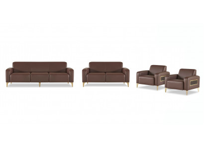 Zestaw mebli do salonu: 3-osobowa sofa, 2-osobowa sofa, 2 fotele. Brązowy, jednokolorowy, nowoczesny.