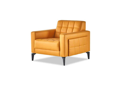 Fotel klubowy Chesterfield nowoczesny miękka skóra ze stali nierdzewnej i drewnianymi podłokietnikami.