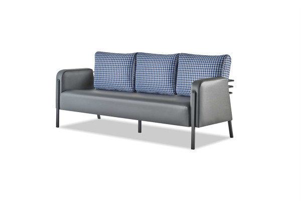 Sofa Szary Niebieski Fotel Tapicerowany 3-osobowy Nowoczesny Poduszki Skóra Stal nierdzewna