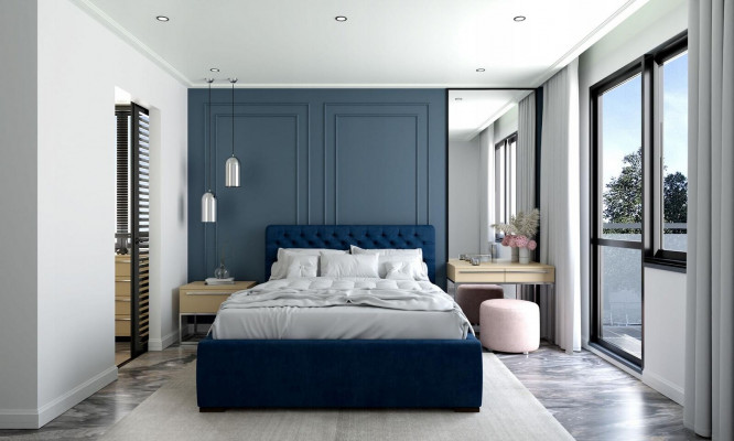 Łóżko Blue Modern Design Materiał Podkładka Sypialnia Podwójne łóżko Drewno Elegant Nowość
