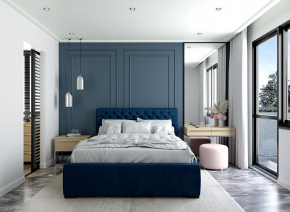 Łóżko Blue Modern Design Materiał Podkładka Sypialnia Podwójne łóżko Drewno Elegant Nowość