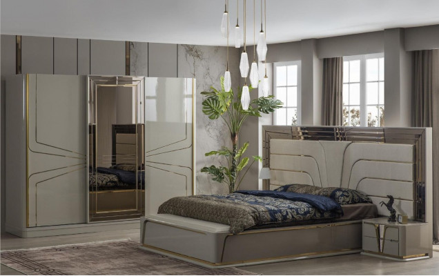 Ustawić Sypialnię Podwójne łóżko Luksusowe łóżko Modern Beige Zestaw 3szt Nowe