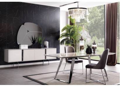 jadalnia Grupa Zestaw Tabela 4x Krzesła Kredens Lustro 7-częściowy. Szary zestaw do jadalni