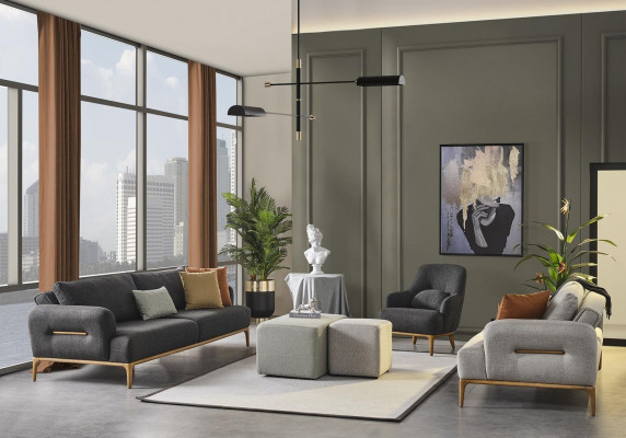 Zestaw sofowy Sofa Fotel 321Seater Materiał Luksusowe Szare Sofy do Salonu