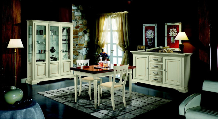 Design jadalnia Zestaw Ustaw 5-częściowy Drewno Meble Kredens 2x Krzesło Tabela Gablota Nowość