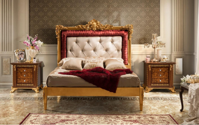 Łóżko Sypialnia Set Design Luksusowe łóżko Nowe Meble Barokowe 2x Stolik nocny 3-częściowy.