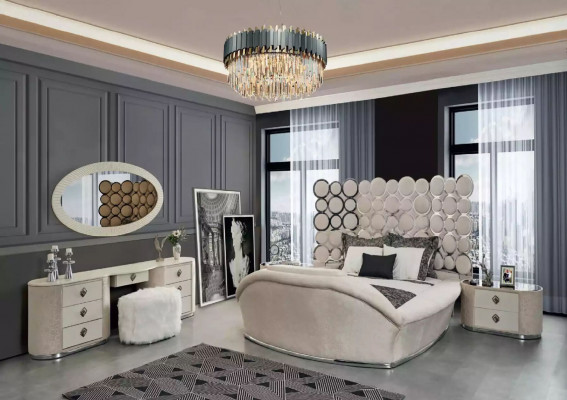 Sypialnia Łóżko 2x Szafki nocne Zestaw luksusowych łóżek Kompletny Design Meble