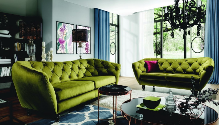 Chesterfield 3+2 Osobowa kanapa zestaw Tapicerowany Tkanina Sofa Zestawienie siedzeń Design