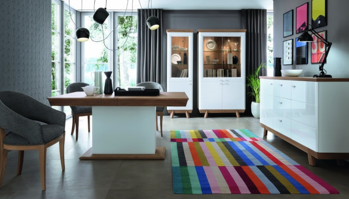 Zestaw 4-częściowy 1x Gablota 2x Kredens 1x Stół obiadowy Design salon jadalnia Nowość