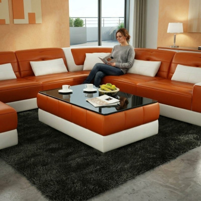 Sofa stolik projekt Tabela salon Szkło Skóra kanapa sofa boczna kawowa