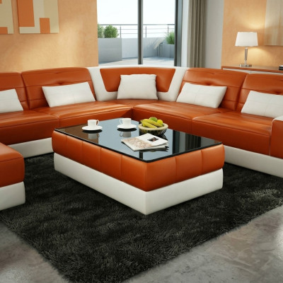 Sofa stolik projekt Tabela salon Szkło Skóra kanapa sofa boczna kawowa