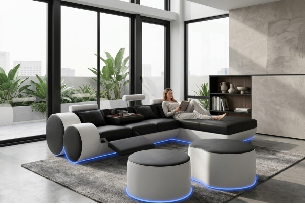 Skórzana sofa kanapa Żywy krajobraz w kształcie litery L nowoczesna sofa 3085