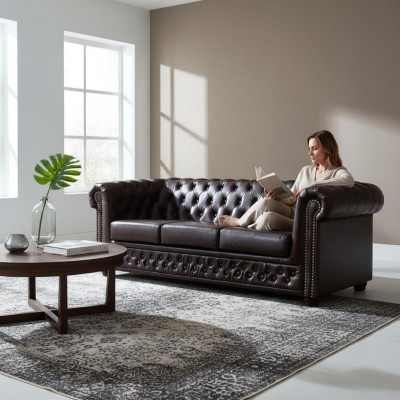 Nowoczesna trzyosobowa sztuczna skórzana sofa przytulna elegancka Chesterfield