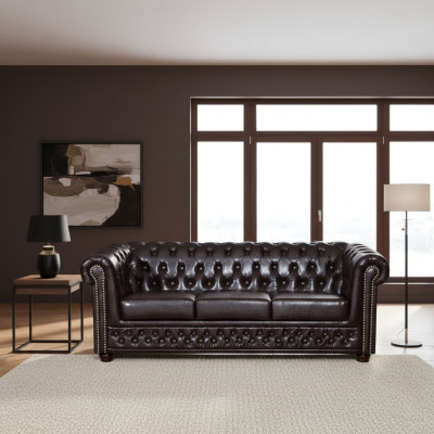 Nowoczesna trzyosobowa sztuczna skórzana sofa przytulna elegancka Chesterfield