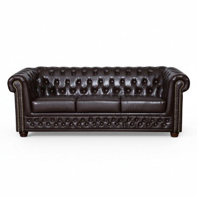 Nowoczesna trzyosobowa sztuczna skórzana sofa przytulna elegancka Chesterfield