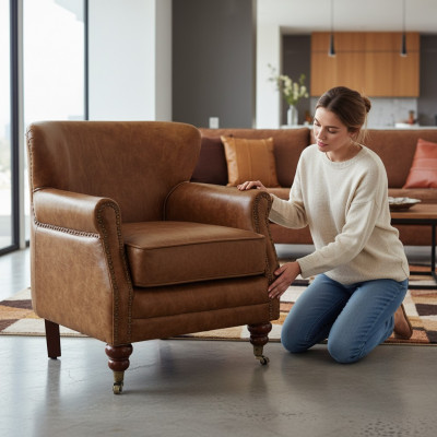 Chesterfield fotel ze skórzanymi elementami w kolorze brązowym, nowa sofa z szerokim oparciem.