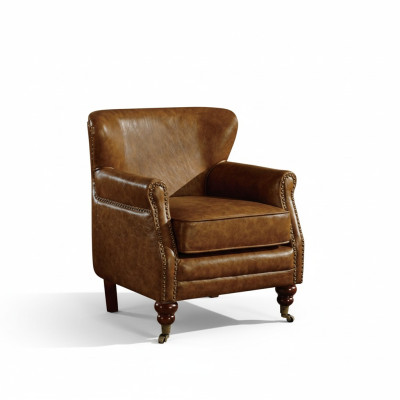 Chesterfield fotel ze skórzanymi elementami w kolorze brązowym, nowa sofa z szerokim oparciem.