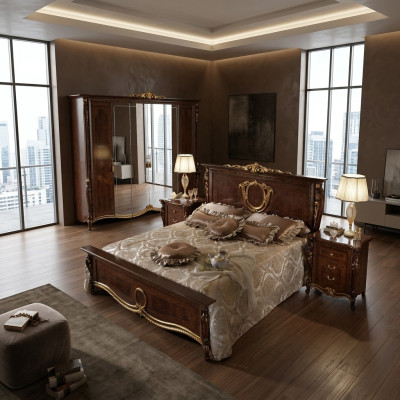 Podwójne łóżko Łóżko Drewno Design łóżka Antyk Style Baroque Rokoko 2x Szafki nocne Nowość
