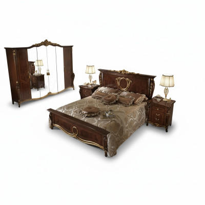 Podwójne łóżko Łóżko Drewno Design łóżka Antyk Style Baroque Rokoko 2x Szafki nocne Nowość