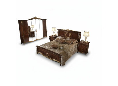 Podwójne łóżko Łóżko Drewno Design łóżka Antyk Style Baroque Rokoko 2x Szafki nocne Nowość