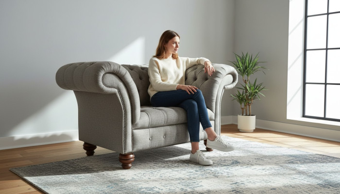 Wyłączny fotel relaksacyjny Chesterfield z jednym siedzeniem, tapicerowany tkaniną.