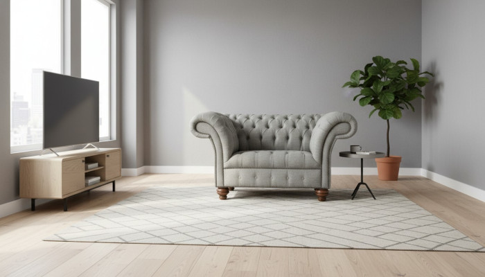 Wyłączny fotel relaksacyjny Chesterfield z jednym siedzeniem, tapicerowany tkaniną.