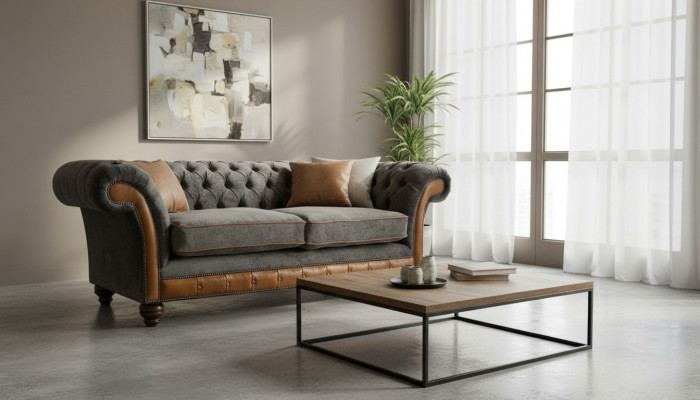 XXL Sofa 3 miejsce do siedzenia Kanapa Chesterfield Podkładka Siedziba Ustawić Skóra Włókienniczy New Grey