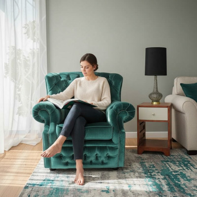 Chesterfield aksamit zielony fotel z podnóżkiem 1-osobowy fotel sofa fotel telewizyjny Nowy