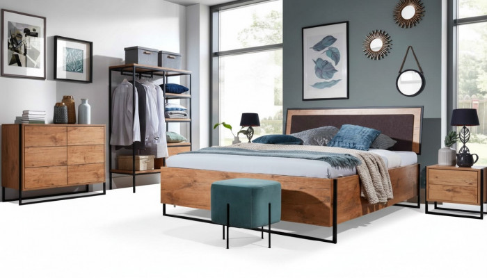 5 szt. Kompletny zestaw Drewno Sypialnia w stylu Loft Łóżko Kredens Szafa