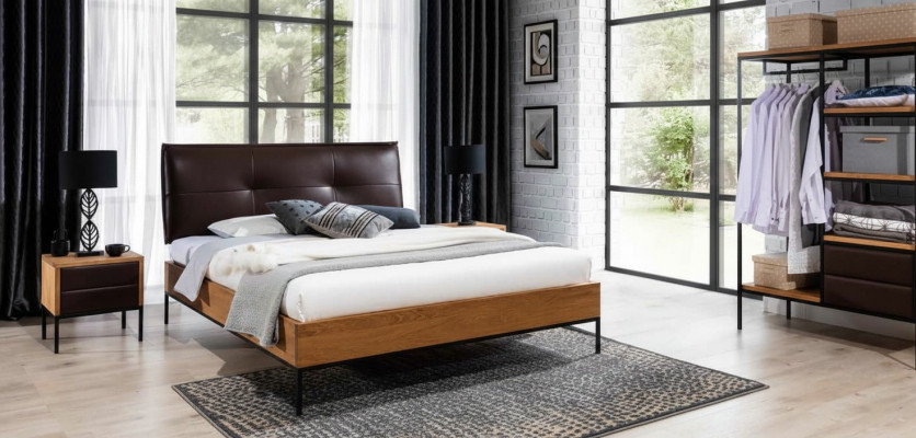 Łóżko Drewno Loft Designerskie łóżko Podkładka Skóra Włókienniczy Materiał Hote 140 160 180 x 200