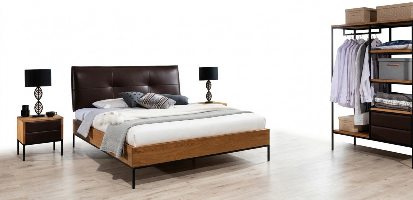 Łóżko Drewno Loft Designerskie łóżko Podkładka Skóra Włókienniczy Materiał Hote 140 160 180 x 200