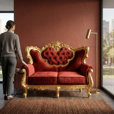 Szykowna sofa do 2 sypialni w każdym jasnym zestawieniu kolorystycznym w szlachetnym odcieniu czerwonego i błyszczącego złota w stylu barokowym