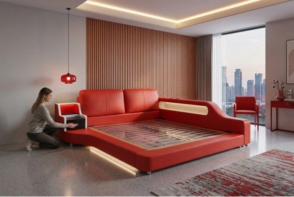 Double Luxury Design Skóra Łóżko Podkładka do łóżka Nowoczesny Hotel Wielofunkcyjny