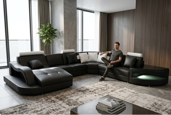 Skóra Sofy Żywy krajobraz Narożnik Ustawić Design Nowoczesna Sofa Kształt U + Tabela