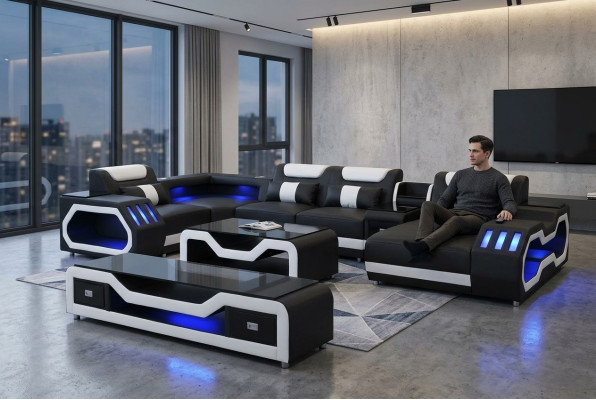 Skóra Sofy Narożnik Ustawić Design Sofa Żywy krajobraz + Kanapa Tabela + RTV G8046
