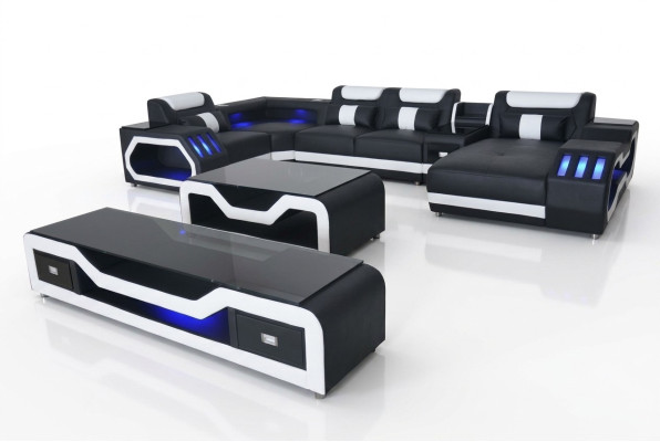 Skóra Sofy Narożnik Ustawić Design Sofa Żywy krajobraz + Kanapa Tabela + RTV G8046