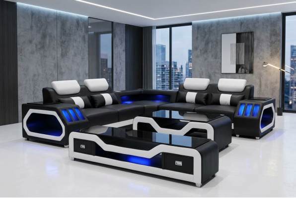 Skórzana sofa Żywy krajobraz Narożnik Ustawić Design Nowoczesna sofa w kształcie litery L, stolik kawowy G8046