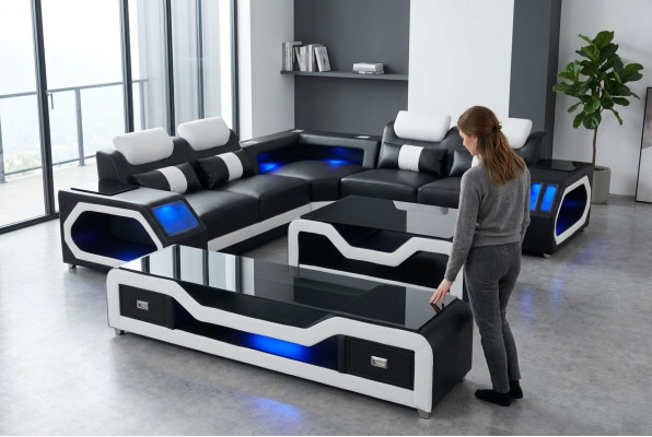 3 szt. Zestaw Skóra Sofa Kanapa Ustawić Narożnik Siedziba Podkładka + Tabela + RTV L Kształt Nowy