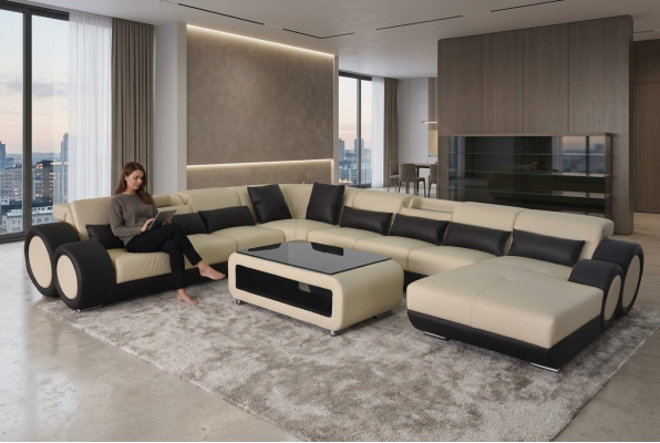 Skórzana sofa Żywy krajobraz Ustaw Design Nowoczesna sofa Narożnik Kształt U Szezlong G8035
