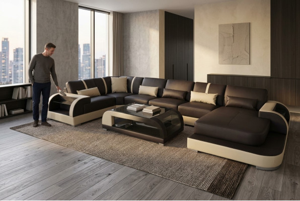 Skóra Couch Podkładka Siedziba Narożnik Ustawić Modern Design Żywy krajobraz U Shape Sofas