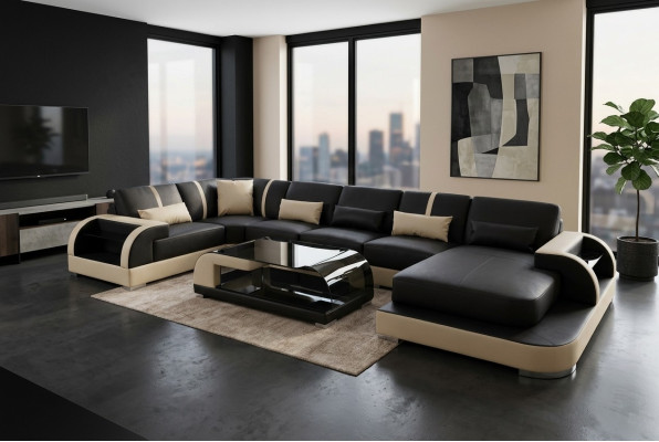 Skóra Couch Podkładka Siedziba Narożnik Ustawić Modern Design Żywy krajobraz U Shape Sofas
