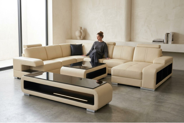 Skórzana sofa Żywy krajobraz Ustaw Design Nowoczesna Narożnik Sofa Kształt U Tabela RTV G8028