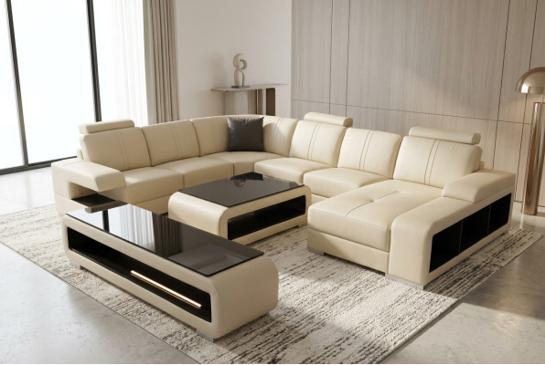 Skórzana sofa Żywy krajobraz Ustaw Design Nowoczesna Narożnik Sofa Kształt U Tabela RTV G8028