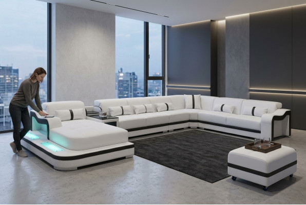 Skóra Couch Podkładka Siedziba Żywy krajobrazu Design Nowoczesny Narożnik Ustawić Sofę U Shape