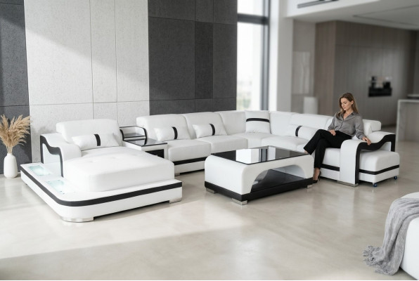 Skóra Couch Podkładka Siedziba Żywy krajobrazu Design Modern Narożnik Ustawić U Form + Tabela
