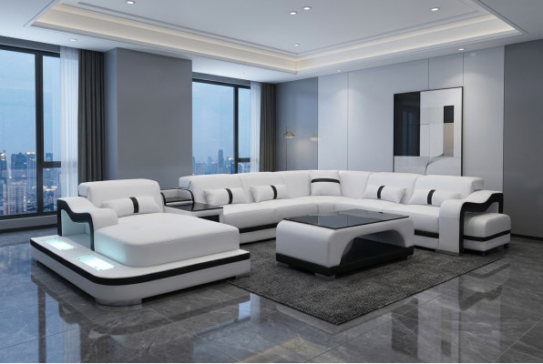 Skóra Couch Podkładka Siedziba Żywy krajobrazu Design Modern Narożnik Ustawić U Form + Tabela